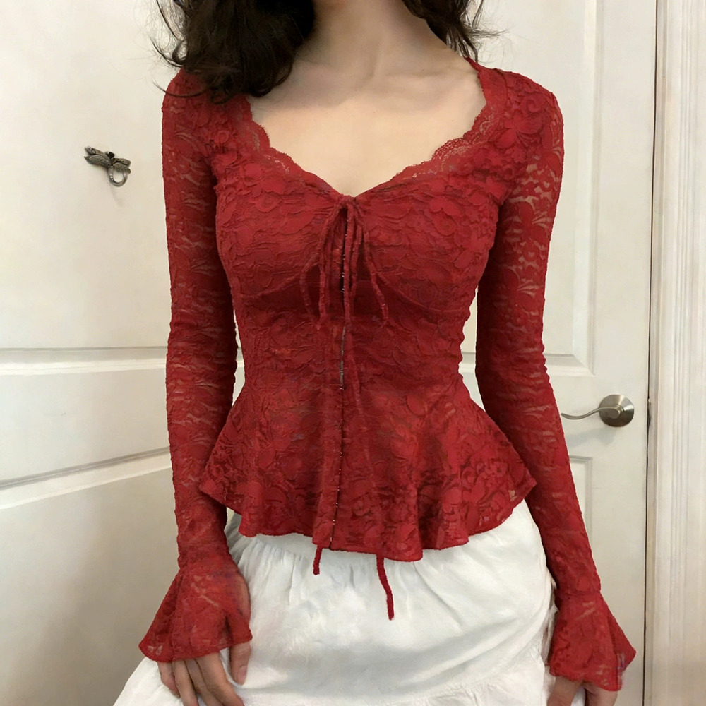 Zara Style Slim Fit Lace Ruffle Trim Long Sleeve Tie Neck Top